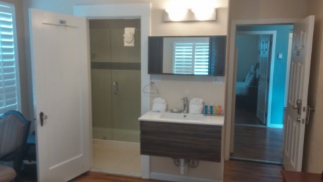 Sink and Bathroom view. ( door on the right is view of the hallway and not part of the room)